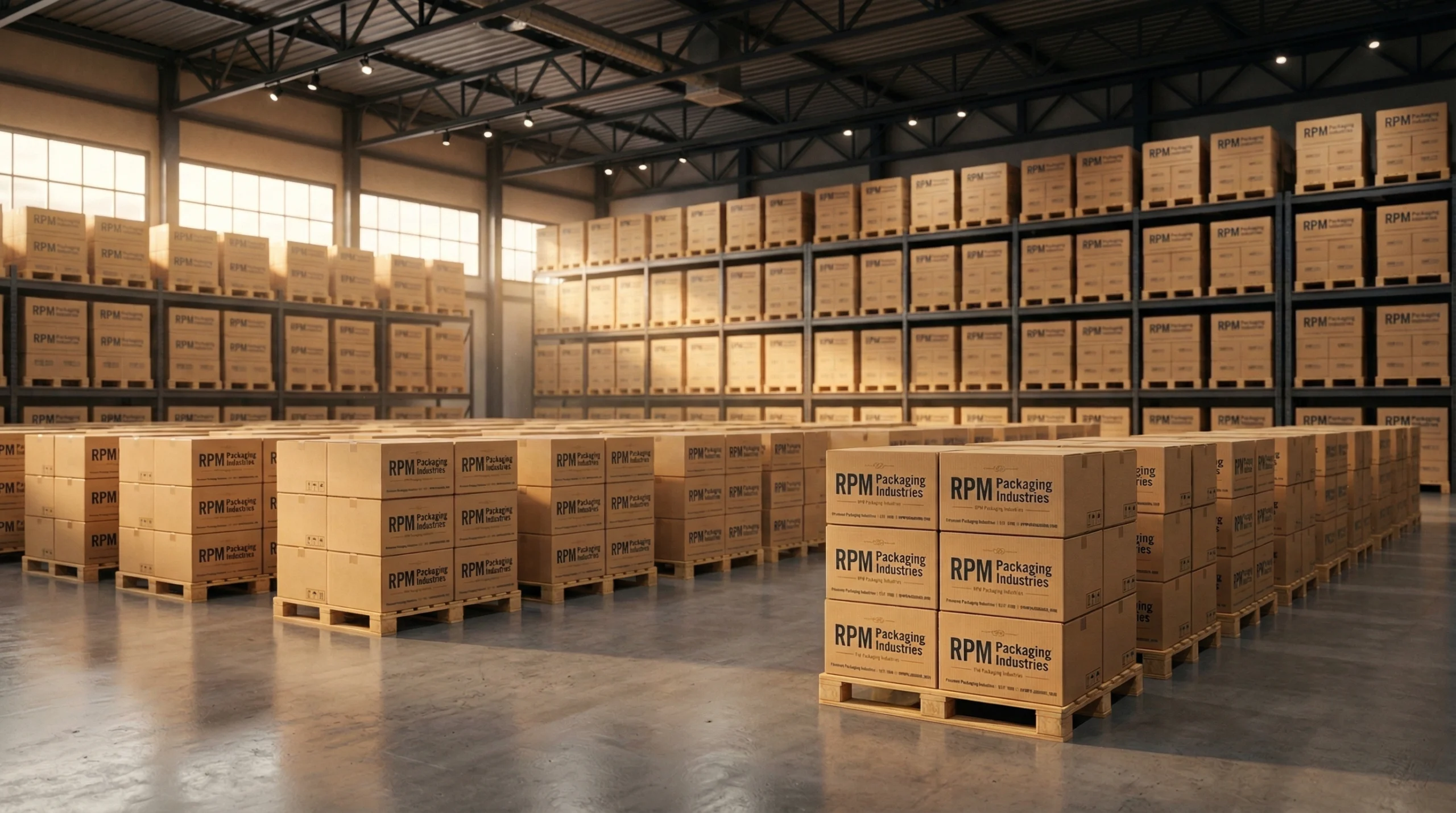 Modern warehouse with organized pallet storage of packaging boxes by RPM Packaging Industries